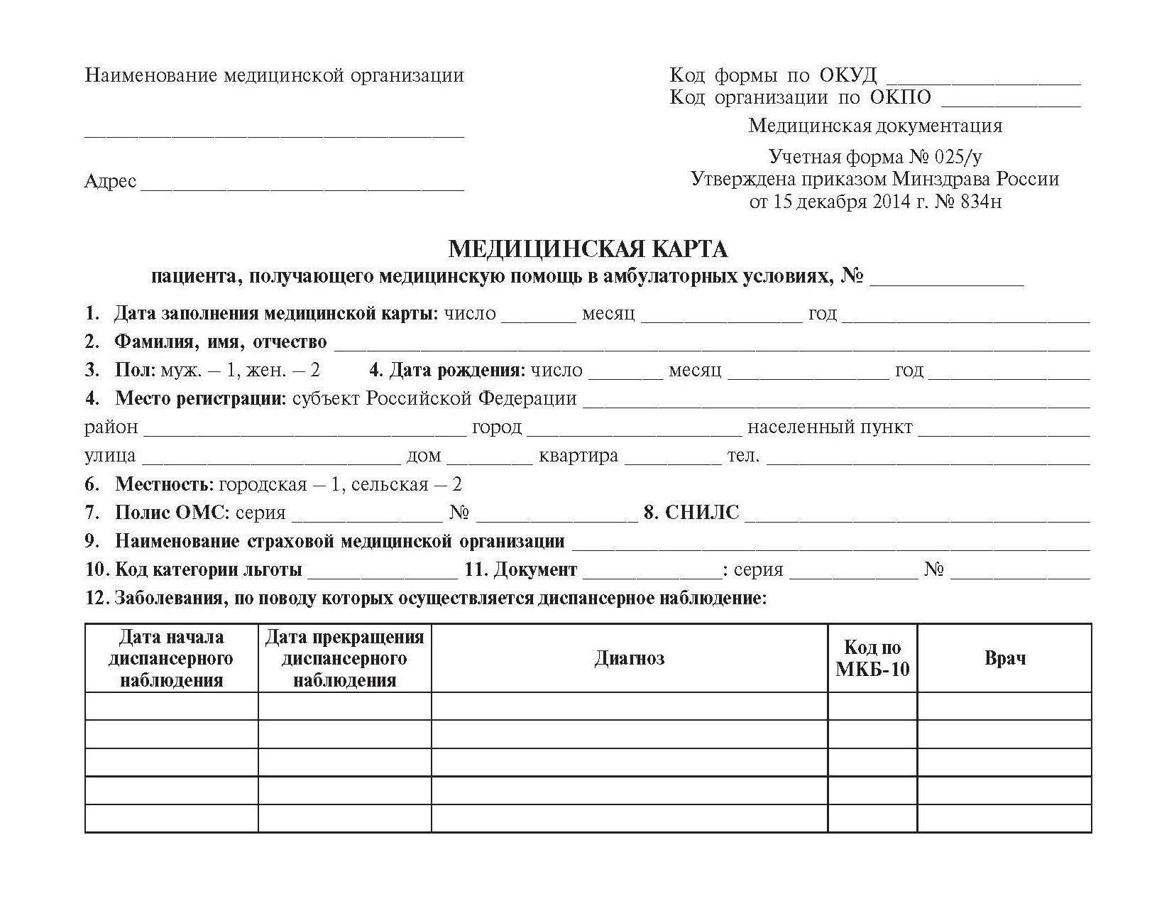 Медицинская карта пациента, получающего медицинскую помощь в амбулаторных условиях (форма №025/у) 96 с.